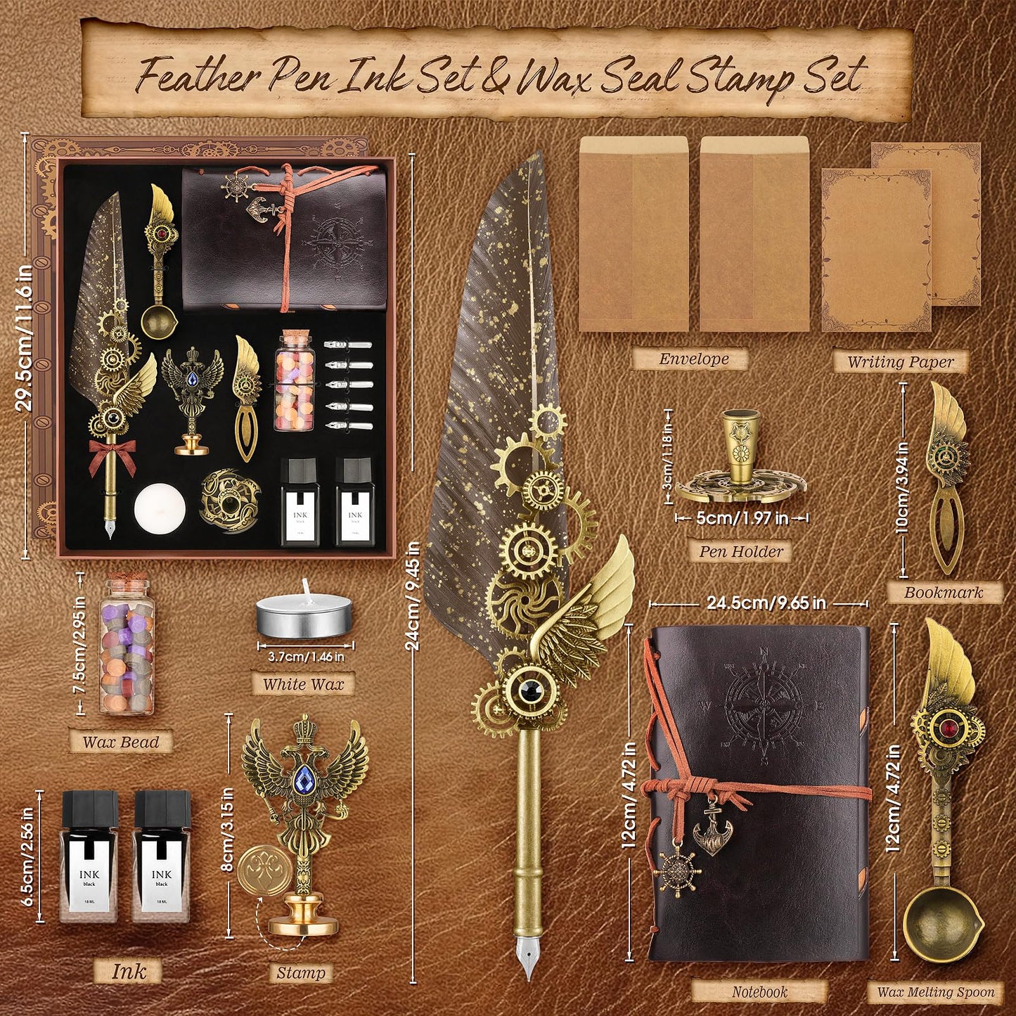 Quill Pen and Ink Set,Calligraphy Pen Set for beginners,Feather Pen Set with Leather Notebook,Pen Holder,5 Replaceable Nibs,Bookmark,Letter Writing Kit & Wax Seal Stamp Kit-Calligraphy Pens Gift Set