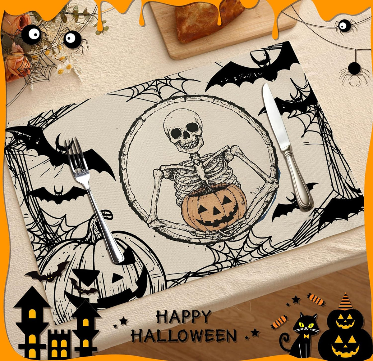 Halloween Skeleton Placemats Set of 4, 12x18 Inch Pumpkin Bats Table Mats, Washable Heat Resistant Place Mats for Kitchen Dining Table, Spooky Themed Decoration for Home-B11