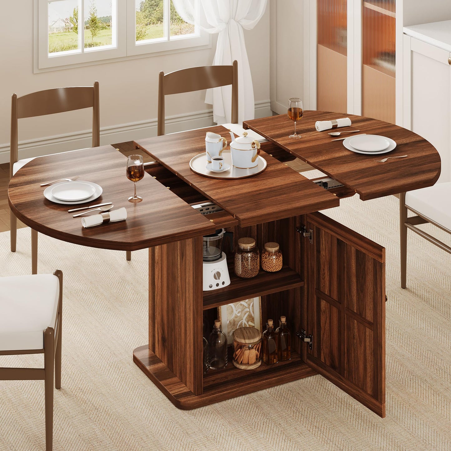 iPormis Round Dining Table for 4-6, 59'' Extendable Dining Room Kitchen Table with 2-Tier Storage Shelf, Wood Dinner Table with Door, Sturdy Pedestal Base, Space Saving, Kitchen, Dining, Walnut