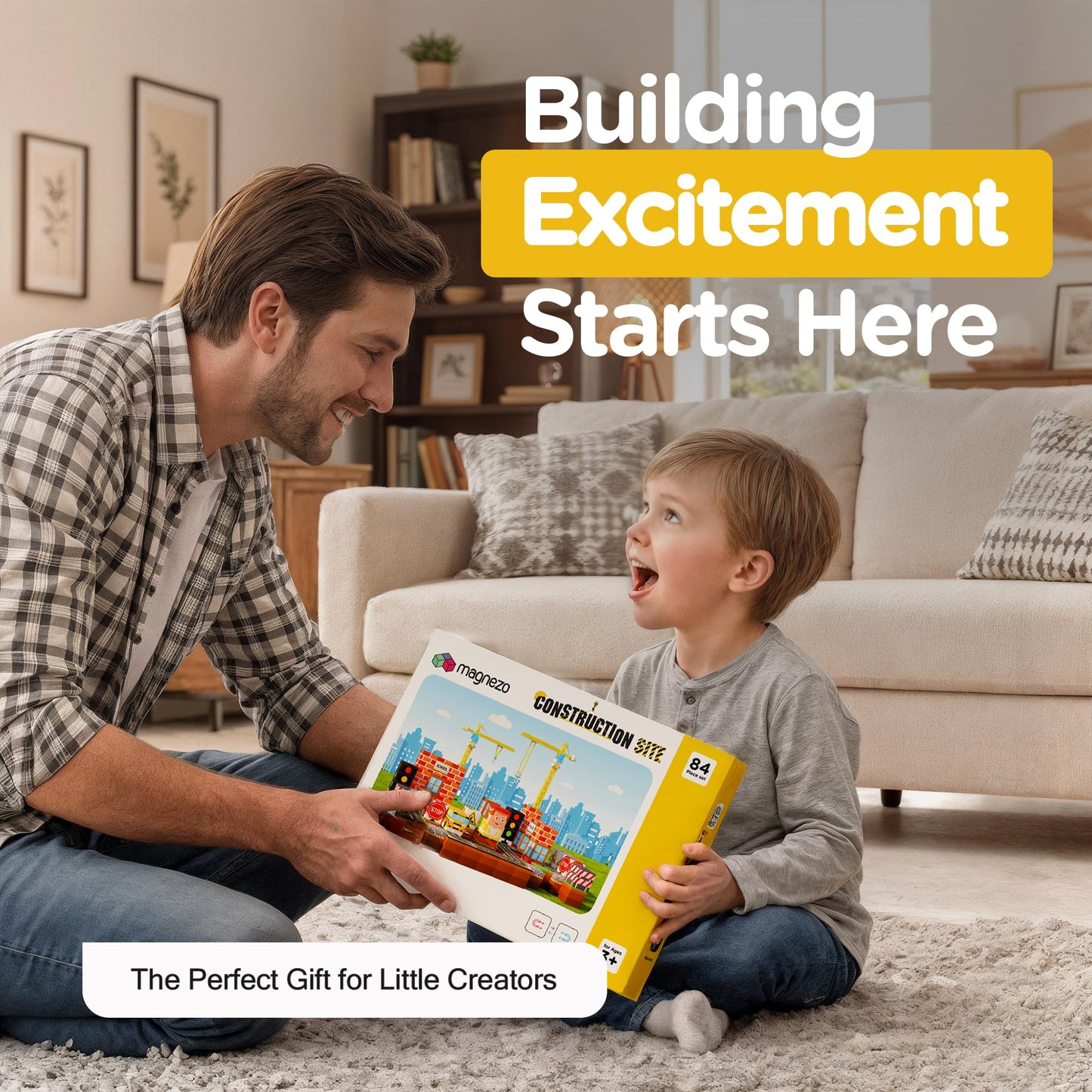Gift-Ready Magnetic Building Blocks for Kids, Magnet Cubes — Construction Site Toy Building Sets with Magnetic Storage Board — 84-Piece Pixy Stacking STEM Building Toys for Boys & Girls Ages 3 to 12