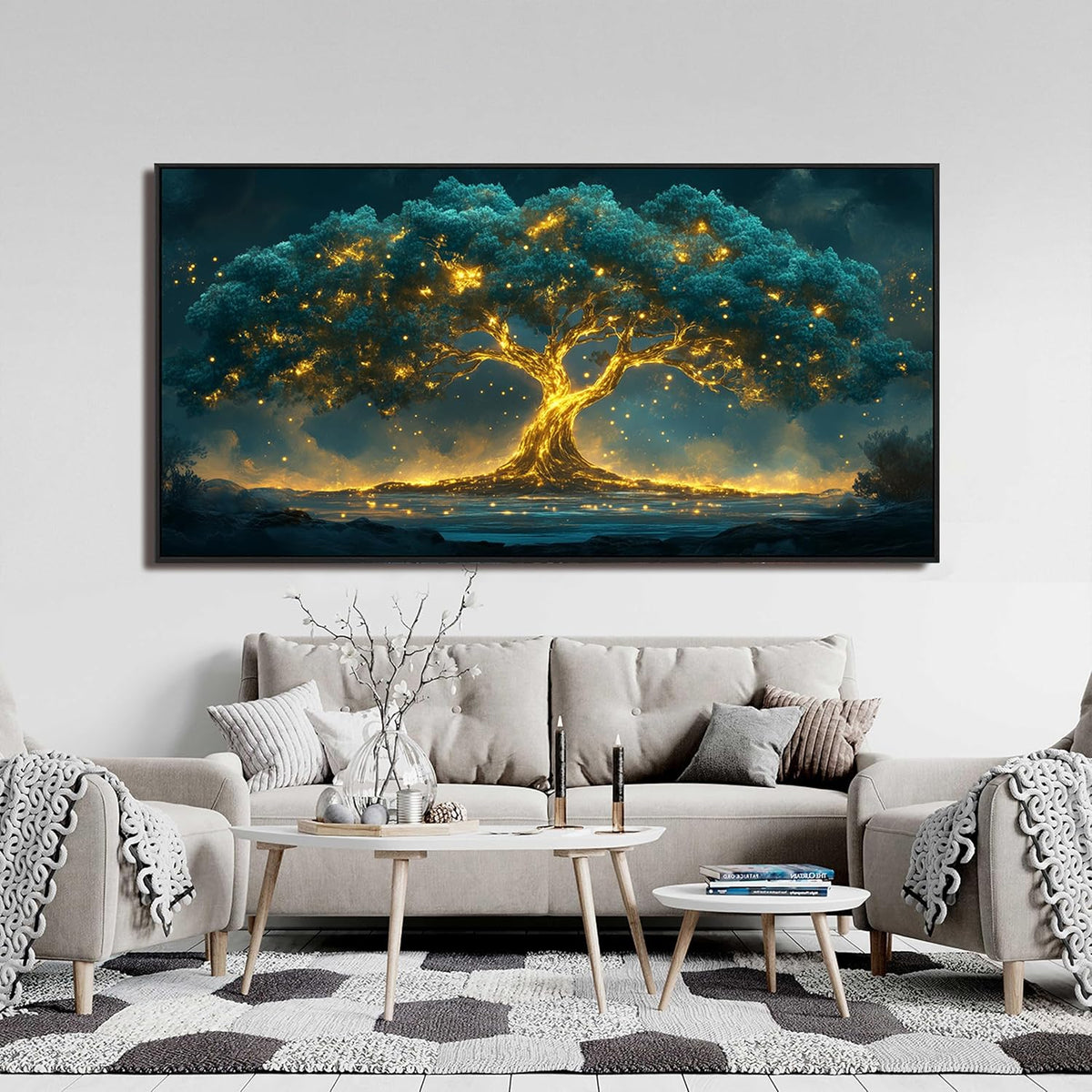 Canvas Framed Wall Art Decor Artwork for Walls Oversized Green Gold Wall Art Prints Large Tree of Life Wall Art for Living Room Canvas Art Wall Decor Modern Home Office Aesthetic Wall Decor 29" x 58"