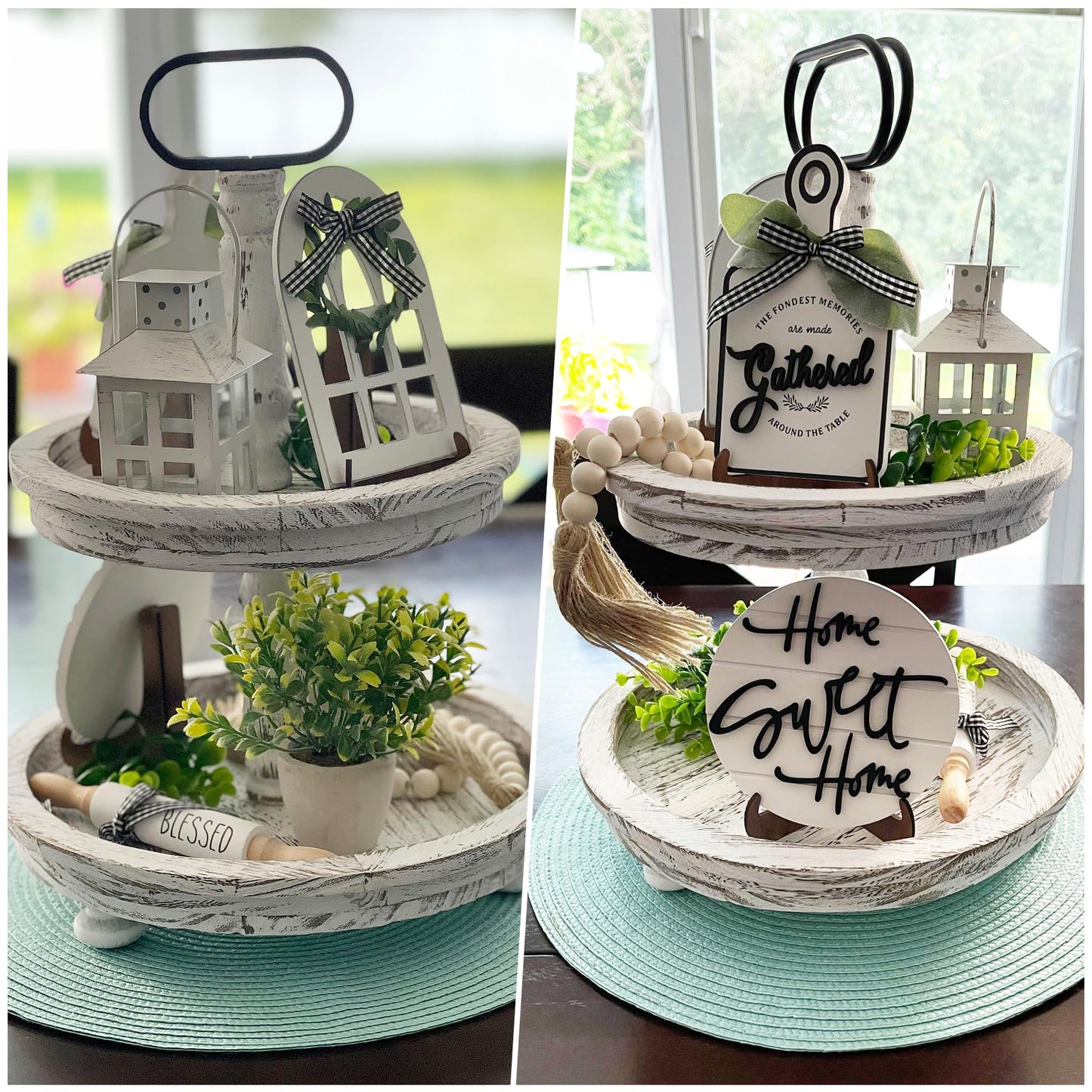 Houmury Set of 17 Farmhouse Tiered Tray with 1 Lantern Artificial Plant& Cutting Board Sign for Rustic Home Sweet Home Kitchen Decor Tier Tray Decor Set