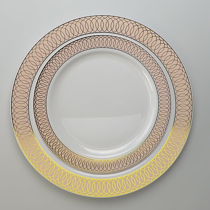 " OCCASIONS " 50 Plates Pack (25 Guests)-Wedding Party Disposable Plastic Plate Set -25 x 10'' Dinner + 25 x 7.5'' Salad/Dessert plates (Venice in White/Blush/Peach & Gold)