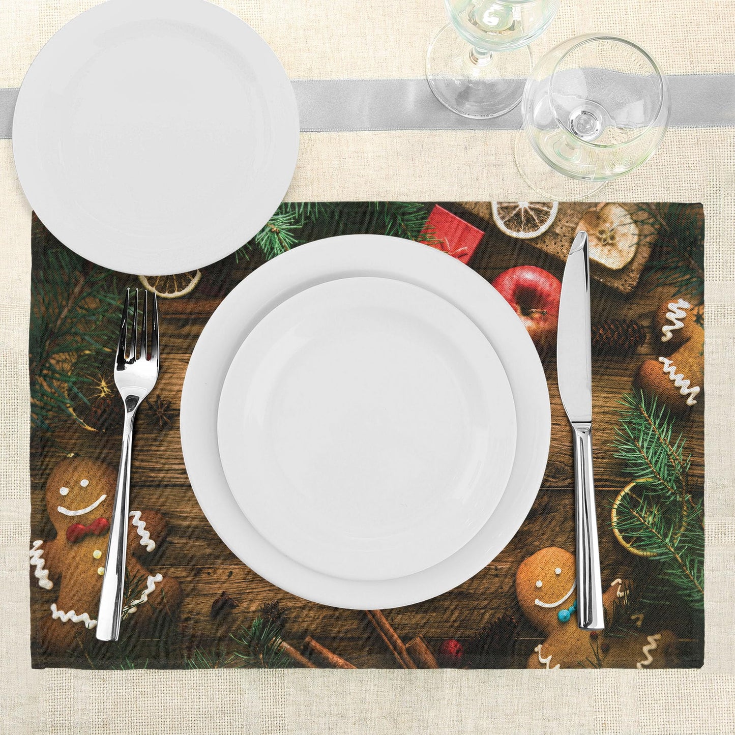 Ambesonne Christmas Place Mats Set of 8, Gingerbread Man Gift Box Coniferous Pine Cinnamon Dessert on Rustic Wood Theme, Washable Fabric Placemats for Dining Table, Placemat 8 pcs, Green and Brown