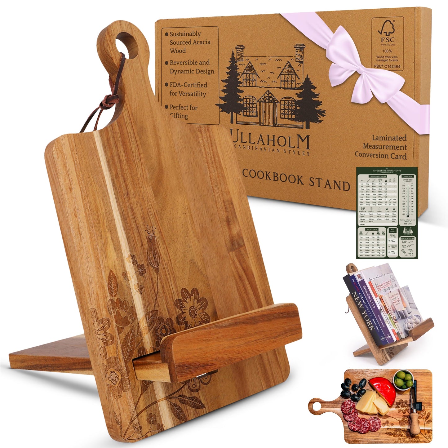 ULLAHOLM Wood Cookbook Stand for Kitchen Counter, Mother's Day Gift for Mom, Reversible Acacia Recipe Book Holder, Cooking Measurement Conversion Card, Adjustable Tablet Holder, Charging Cable Slot
