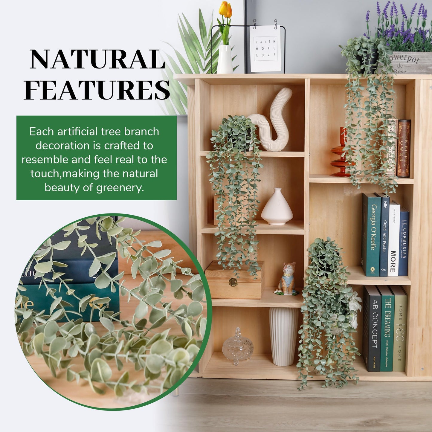 Der Rose 3Pcs Fake Plants Hanging Artificial Decor Faux Potted Eucalyptus Plants for Boho Bathroom Home Office Desk Wall Shelf Bookcase Accessories Decor Indoor