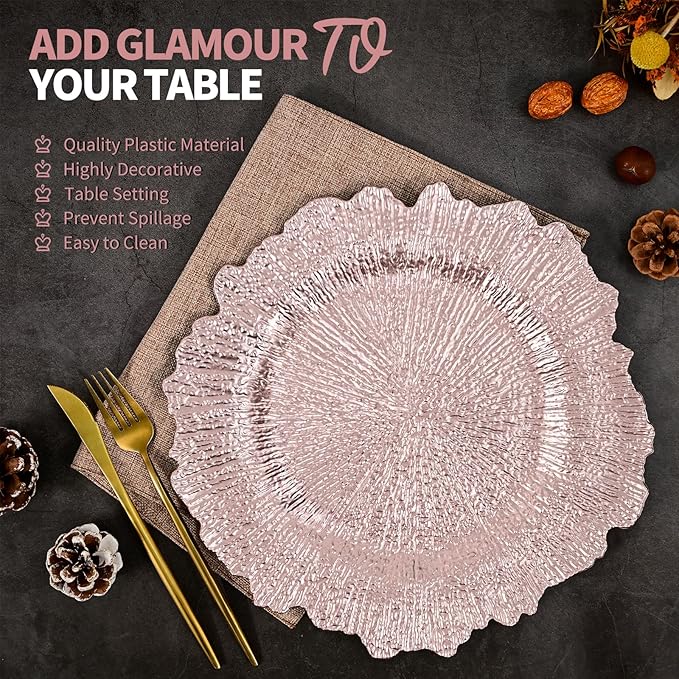 50 Pcs Rose Gold Charger Plates Bulk 13 Inch Plastic Charger Plates for Dinner Plate, Rose Gold Chargers for Table Setting, Reef Design Plate Floral Decorative Round Chargers for Wedding Party, Event