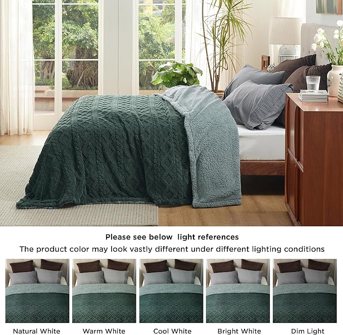 Bedsure Sherpa Queen Size Blanket for Bed - GentleSoft Fleece Fluffy & Cozy Cable Jacquard Tufted for Women Gift, Thick and Warm Blankets for Winter, Dark Green, 90x90 Inches