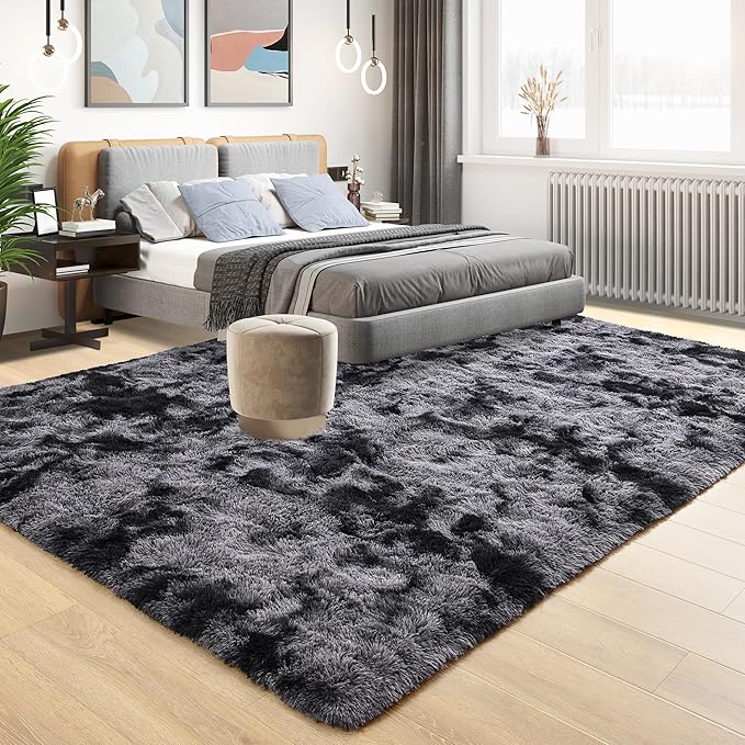 Tepook Soft Fluffy Rugs for Living Room, 5x8 Shaggy Area Rug for Bedroom, Modern Shag Rug Fuzzy Carpets for Kids, Plush Indoor Nursery Home Decor Rug with Non-Slip Bottom, Tie-dye Dark Grey