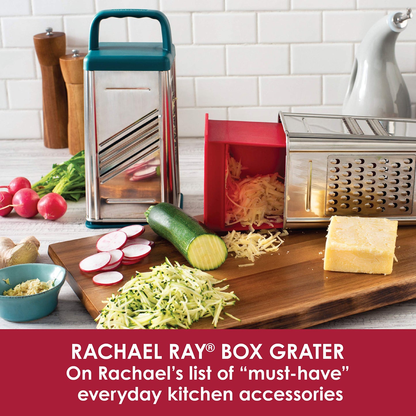 Rachael Ray Tools and Gadgets Stainless Steel Box Grater for Vegetables, Chocolate, Hard Cheeses, and more, Red(9.43 x 8.84 x 8.06 inches)