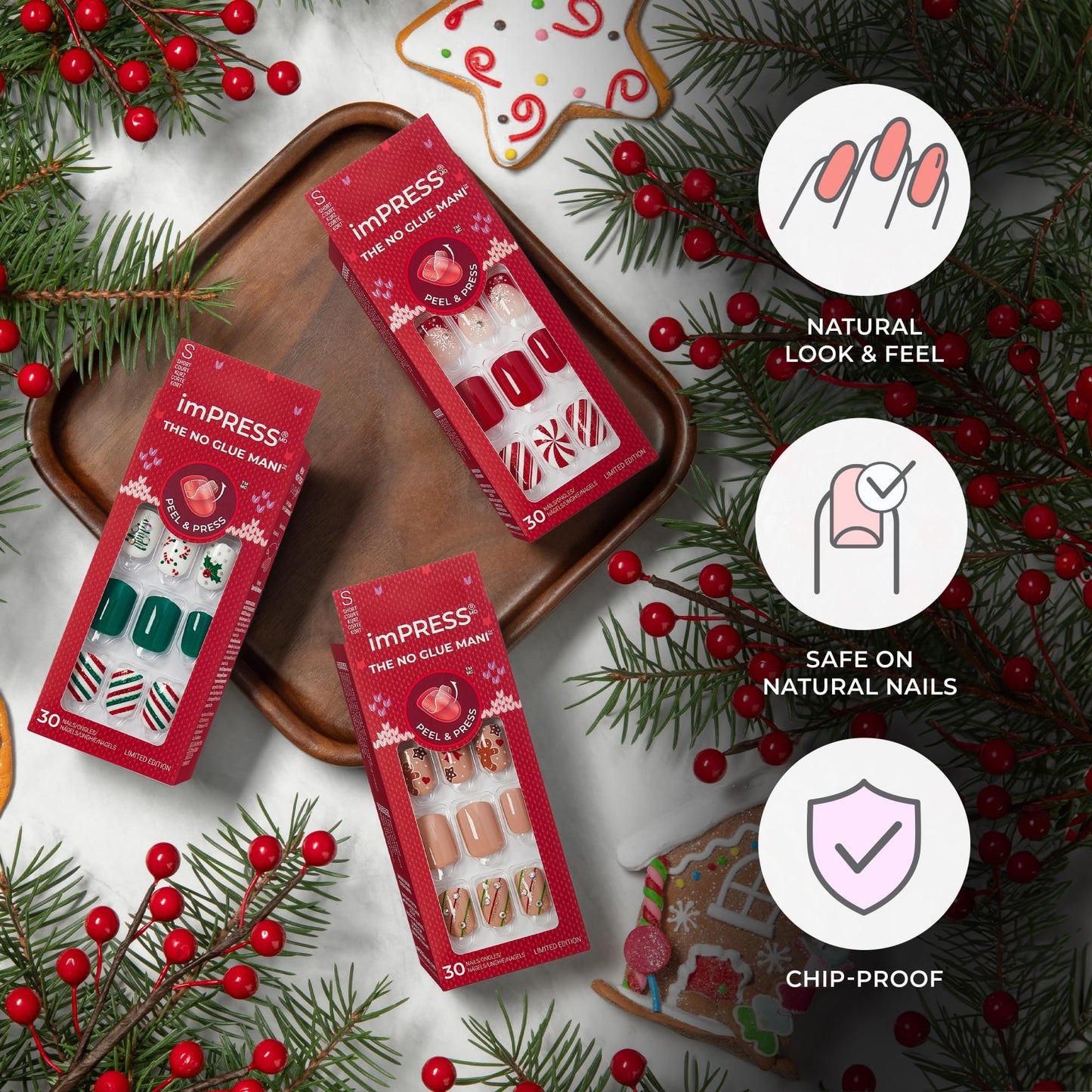 KISS imPRESS Holiday Press On Nails, ‘Be Merry’, Pink, Short Oval, 3D Effect, Improved Super Hold Adhesive, 30 Fake Nails, Prep Pad, Mini Nail File, & Manicure Stick