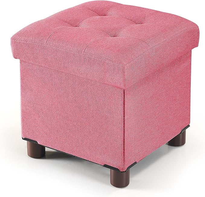 BRIAN & DANY Small Ottoman with Storage, Small Storage Ottoman, Folding Foot Stool with Wood Legs for Living Room and Bedroom Linen Rest Seat, 12.6"x12.6"x12.8" - Hot Pink