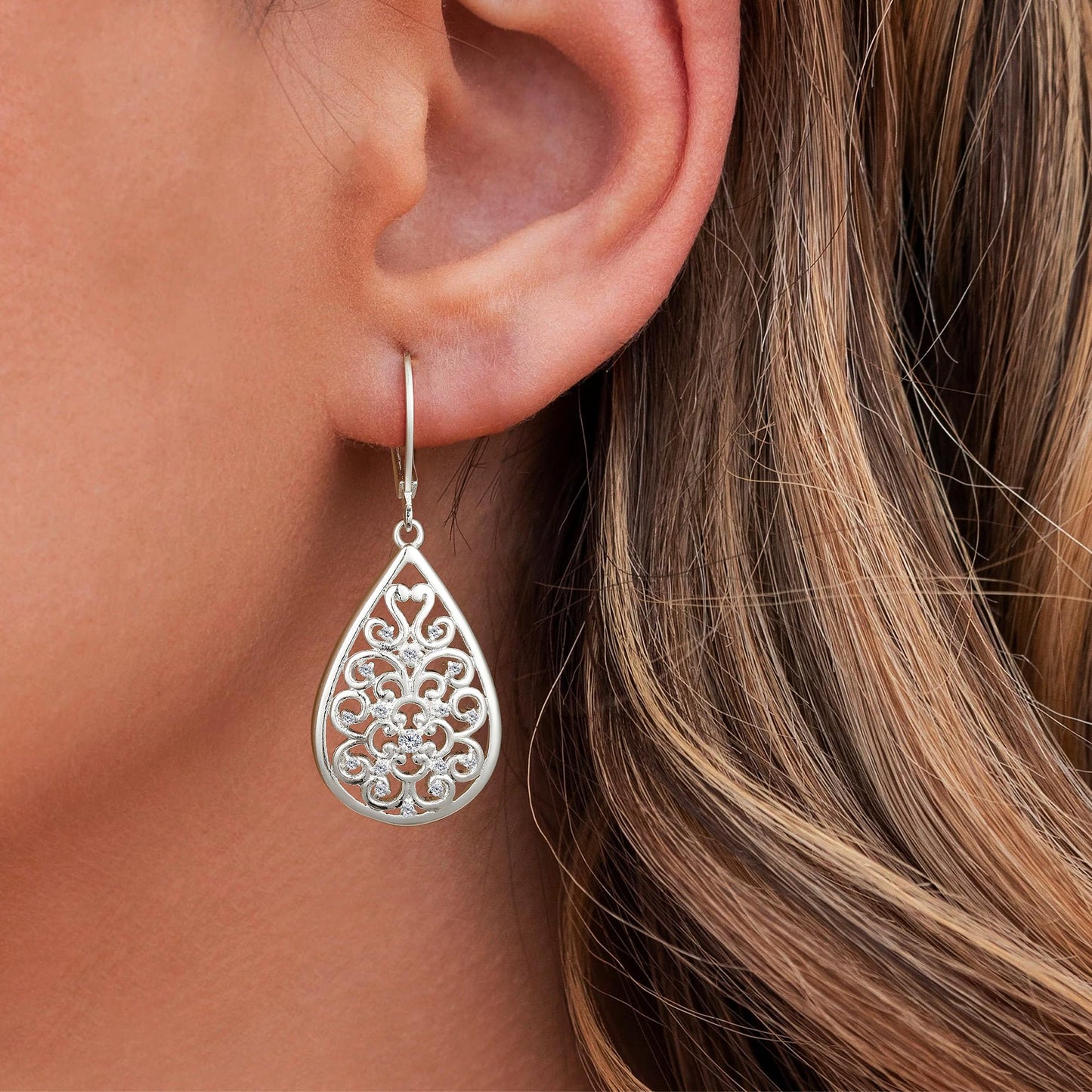 Sterlings Silver Teardrop Earrings for Women Silver Dangle Hypoallergenic Leverback Filigreee Silver Drop Earring Dangle for Sesitive earrs(Filigree-C-S)
