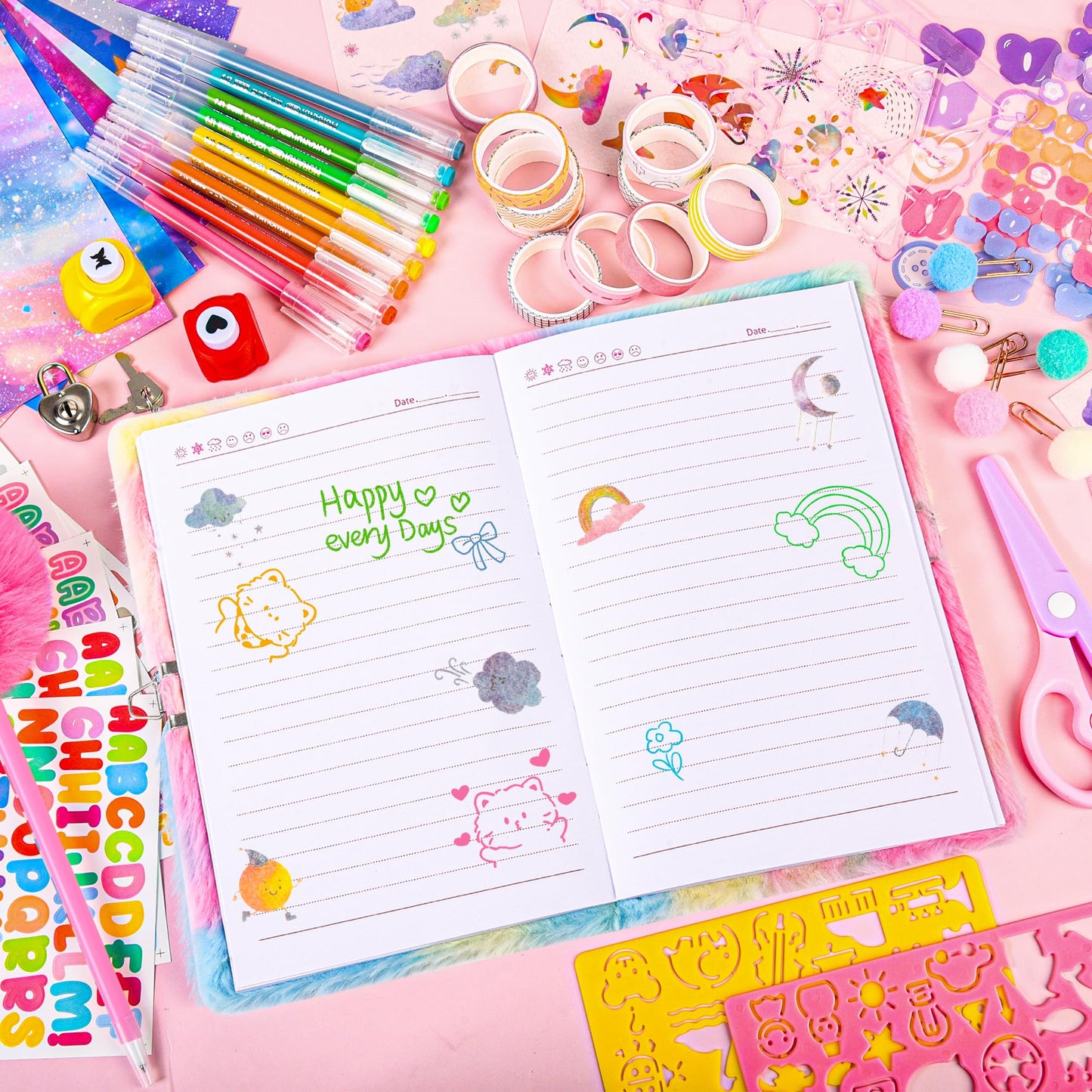 LiYiQ Plush Butterfly Diary Gift Travel Journal Secret Diary with Scrapbook Paper Stickers Journal Stencils Pompom Pen and Washi Tape Practical Set Gift for Birthday Christmas