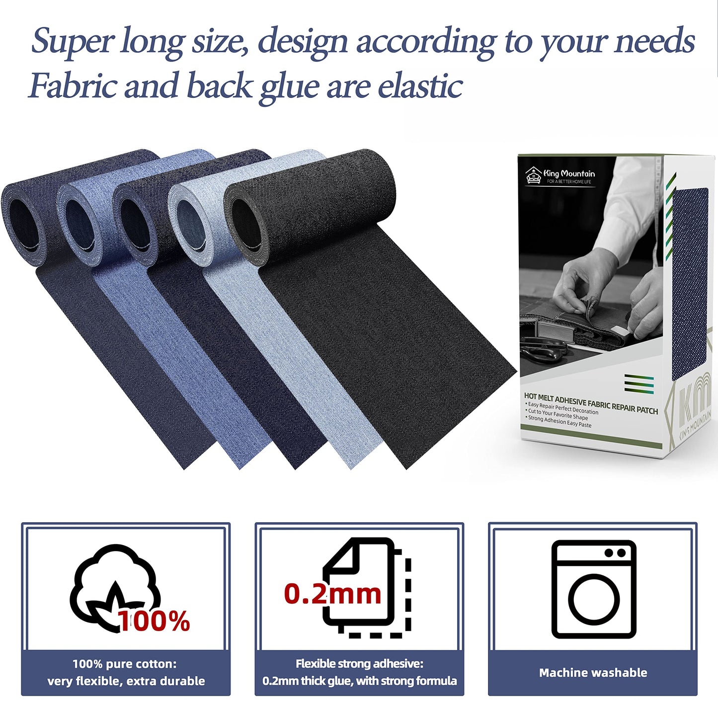 KING MOUNTAIN Iron-on Repair Patch,3"x60"100% Cotton Denim Iron-on Repair Patch, Jeans and Clothing Repair and Decoration Kit (Blue)