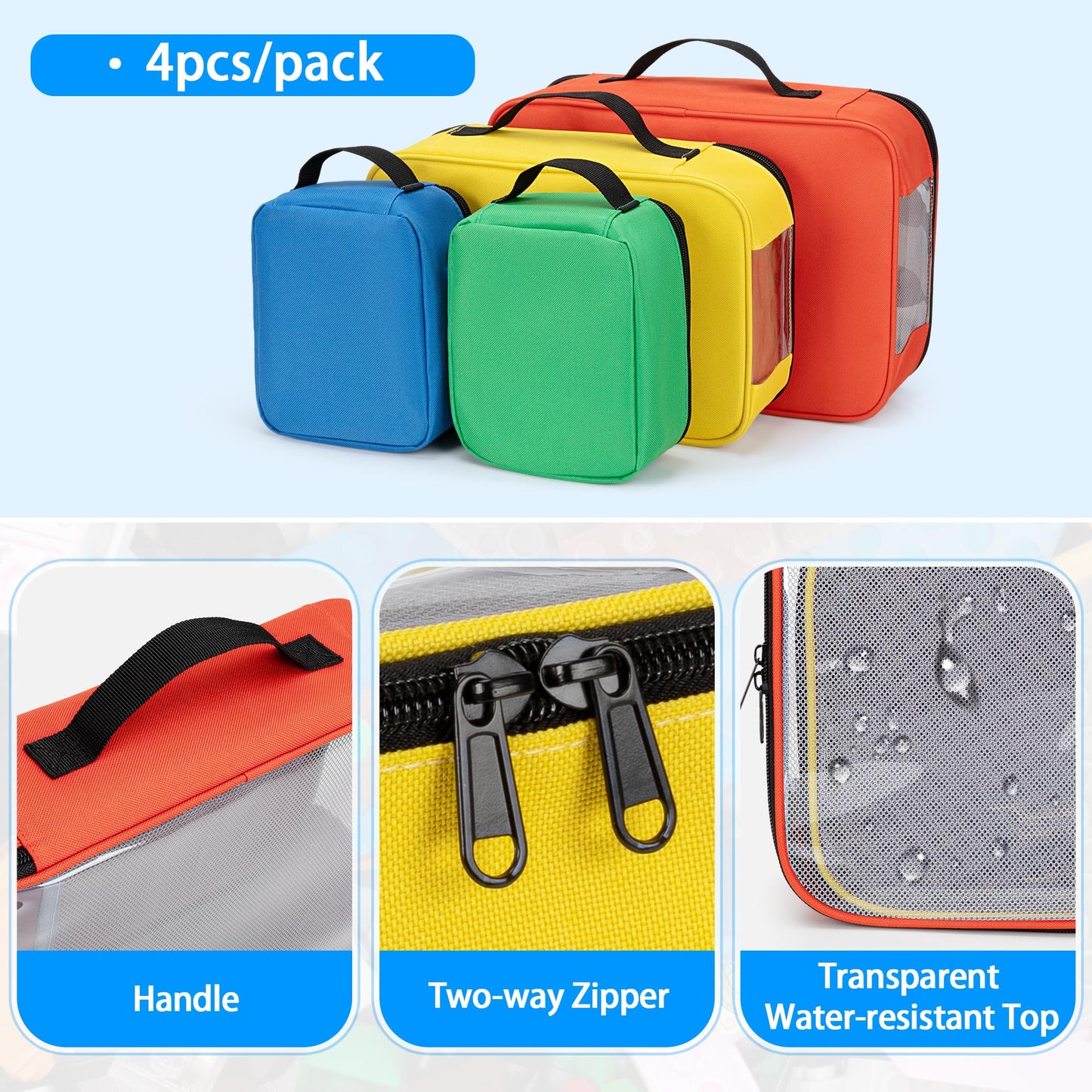 Rexmica 4-piece Toy Storage Organizer Bag, Travel Organizer Case for Building Blocks, Dolls, Crafts, Magnetic Building Tiles, Blocks Toy Storage Bag with Visible Top