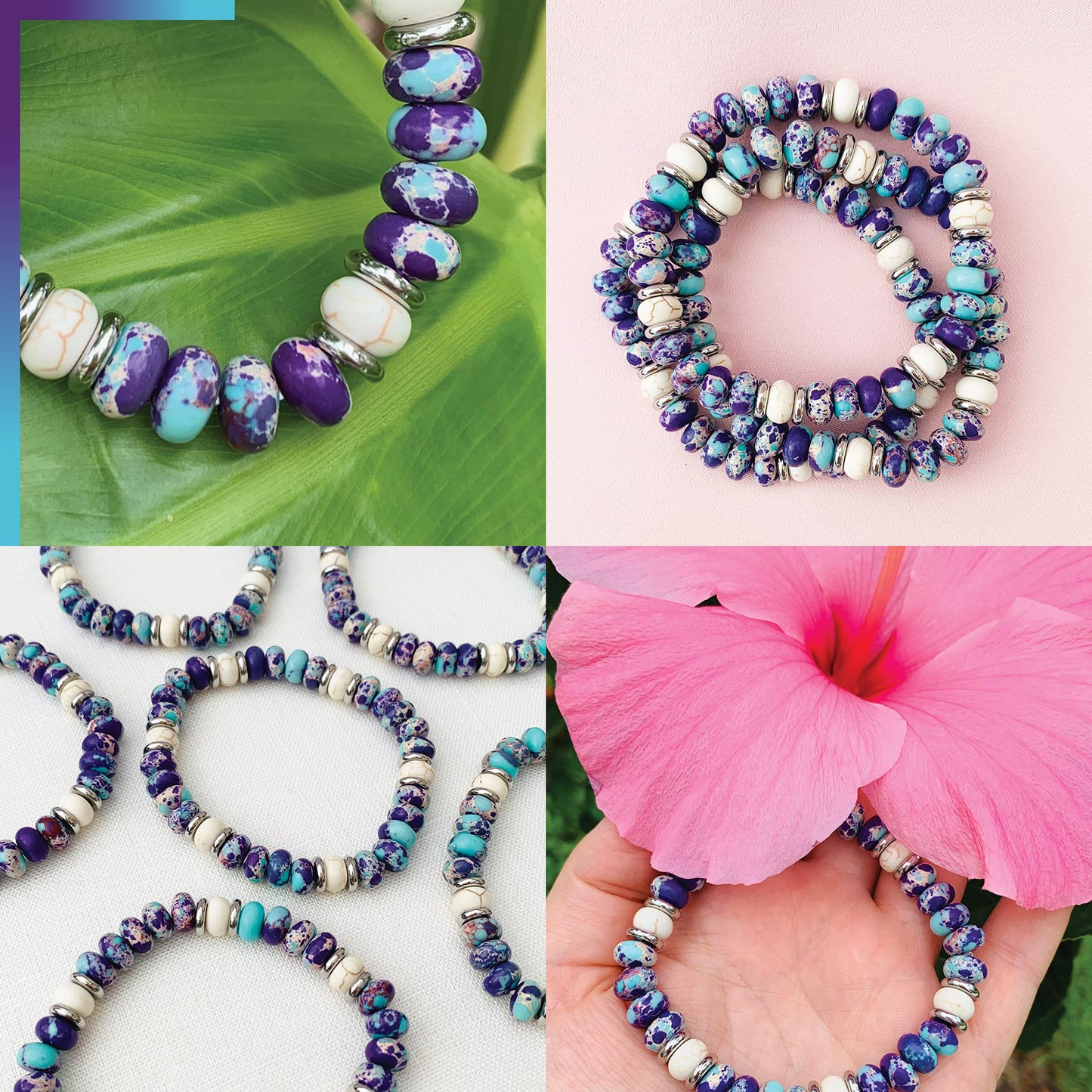 Joyfulmuze Purple and Blue Beaded Bracelets For Women, Emperor Turquoise and White Lava Marble Stone, Handmade Stretchable Multi Color Unisex Gift (Purple-Emperor+White-Marble-Lava)