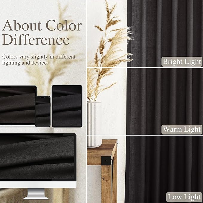 Vintage Black Linen Curtains 102 Inches Long for Living Room Light Filtering Semi Sheer Curtain Back Tab Floor to Ceiling High Window Gothic Vintage Decor Drapes for Bedroom Office 52x102,2 Panels