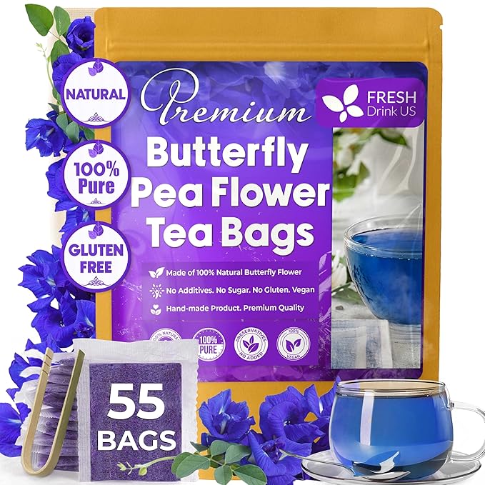 FreshDrinkUS, Premium 55 Tea Bags Blue Butterfly Pea Flowers, 100% Natural and Pure from Butterfly Pea Flowers, Made With Natural Material Tea Bag, No Sugar, No Caffeine, No Gluten, Vegan