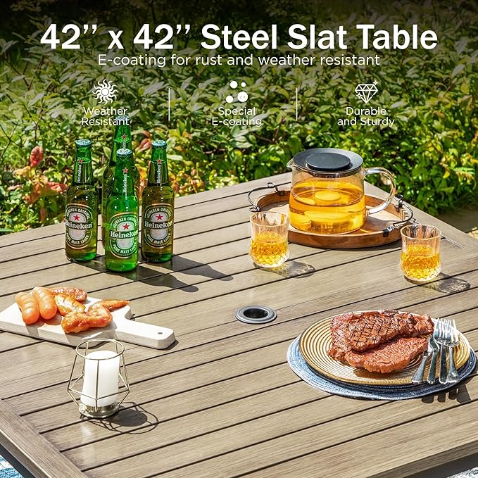 PHI VILLA 5 Pieces Outdoor Dining Set for 4, 42" Square Brown Metal Table with Umbrella Hole & Wrought Iron Swivel Chairs, Large Outside Furniture with Blue Cushions & Pillows for Patio, Deck, Porch