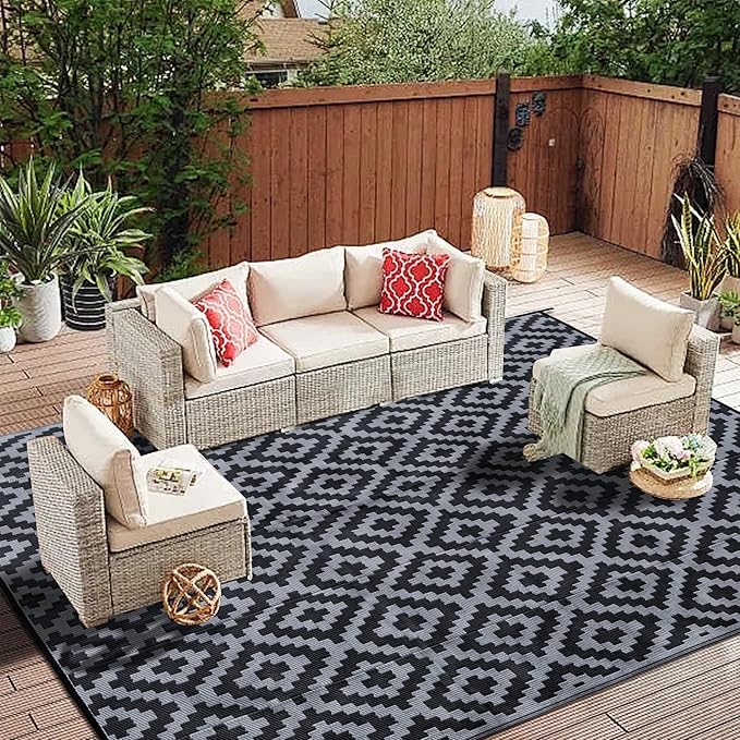 SAND MINE Waterproof Outdoor Rug 8x10 ft, Plastic Reversible Rug, Modern Area Rug, Large Floor Mat for Outdoors, RV, Patio, Backyard, Deck, Picnic, Beach, Camping (8' x 10', Black Grey Lattice)