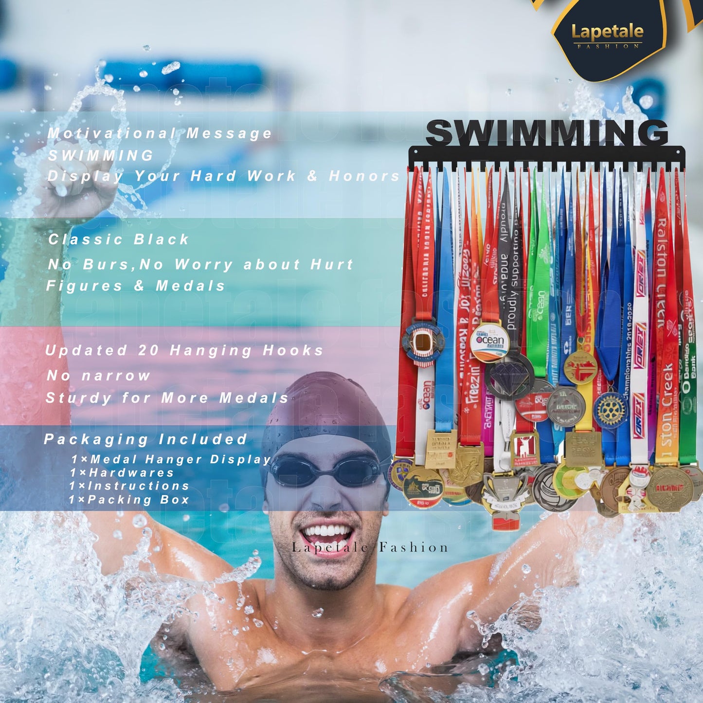 Lapetale Fashion Swimming Medal Hanger Display Medal Holder Hanger Display Rack Frame with 20PCS Hanging Hooks Upgraded Extension Hooks Easy Install Easy to Use Swimming Medal Display Rack