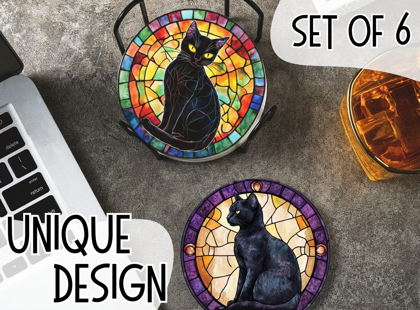 Onebttl Black Cat Gifts for Women, Black Cat Merch Coaster, Set of 6, Ceramic, Absorbent with Cork Base