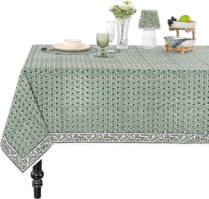 Ridhi Hand Block Print Basil Green Rectangle Cotton Tablecloth 120" x 60" Reusable Table Cover Decorative Everyday Use for Dining, Farmhouse, Home Gift for Spring, Easter, Valentine