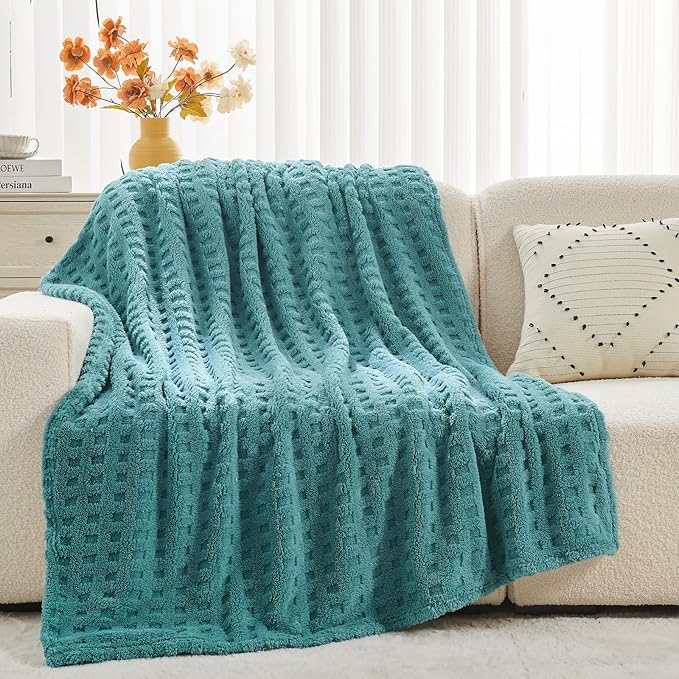 NEWCOSPLAY Super Soft Throw Blanket Teal Premium Silky Flannel Fleece 3D Waffle Checkered Lightweight Bed Blanket All Season Use (Light Teal, Throw(50"x70"))