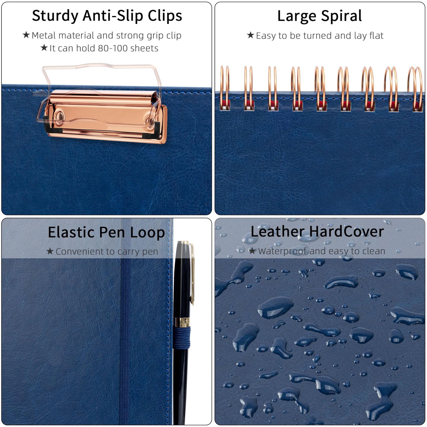 Ospelelf Leather Clipboard Folio with Notepad for Letter Size, Spiral Clipboard Folder with Storage Zipper Pouch, 5 Folders with 10 Pockets, 39 Divider Label Stickers, Pen Loop Series (Blue)