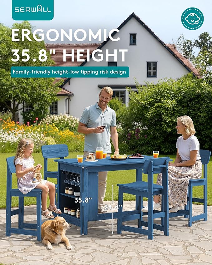 SERWALL Outdoor Bar Table and Chairs Set, 5-Piece HDPE Counter Height Patio Dining Sets with Storage and Wine Rack, Rectangular High Top Bar Table with 4 Bar Stools for Garden, Backyard, Blue