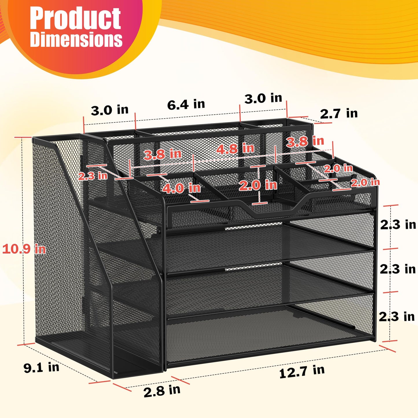 Docnest 4 Tier Mesh Desk Organizer with File Holder – Multi-Functional Paper Letter Tray with 5 Adjustable Compartments, 3 Pen Holders, Desktop Storage for Files, Mail, Stationery – Black