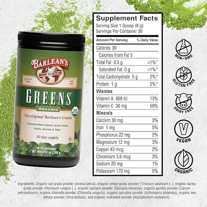 Barlean's Organic Greens Powder, Fruits and Veggies Superfood Supplement with Green Food Protein, Probiotic Blend and Fiber for Athletic Endurance and Daily Health, 8.47 oz