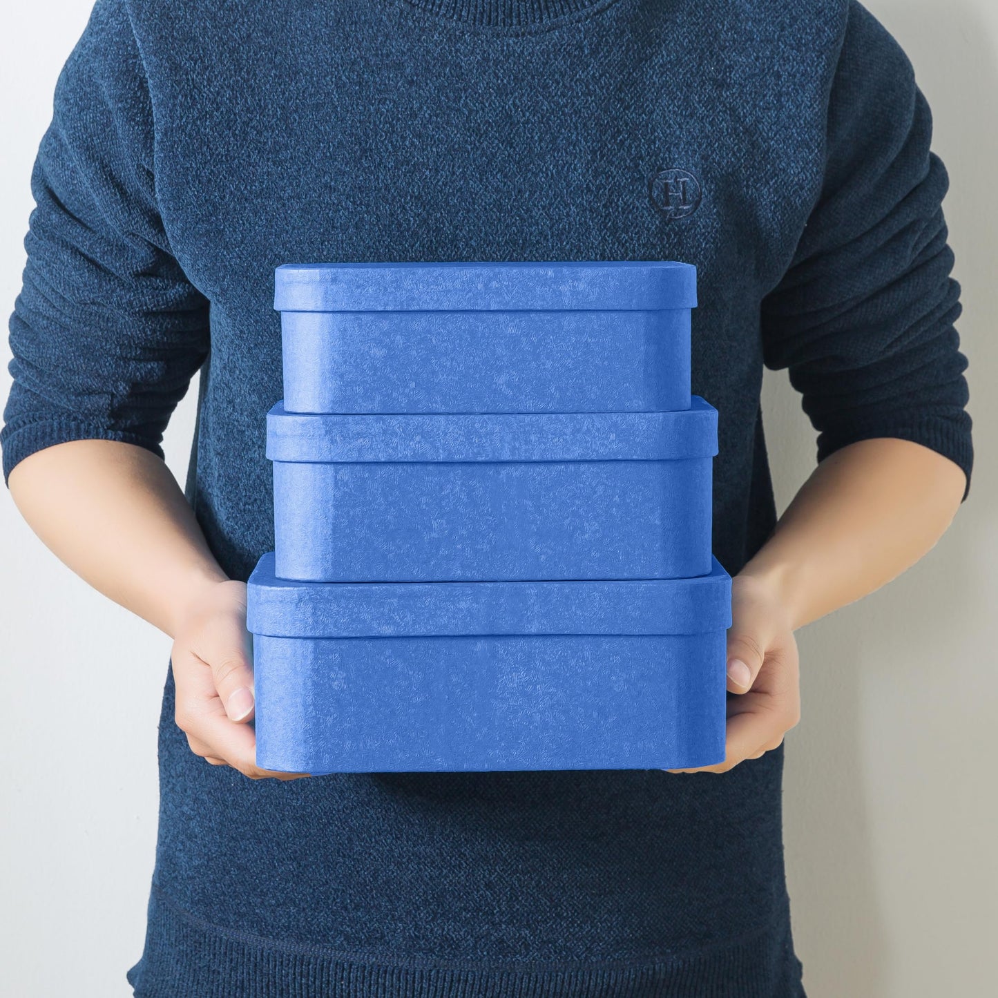 Soul & Lane Set of 3 Textured Royal Blue Boxes with Rounded Edges, Nesting Decorative Cardboard Boxes with Lids, Large Paperboard Storage for Organizing, Keepsakes, Gifts