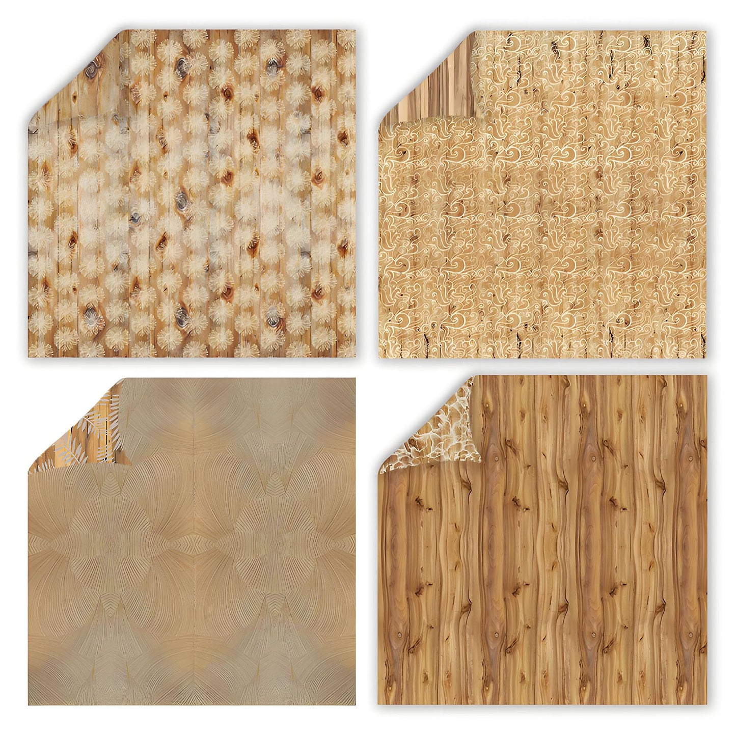 Cotrida 24 Sheets Natural Wood Grain Patterns Scrapbook Paper, with Simple white Flower Leaf prints Decorative Craft Folded Flat for Birthday Wedding Card Making Photo Album Decor, 12'' x 12''