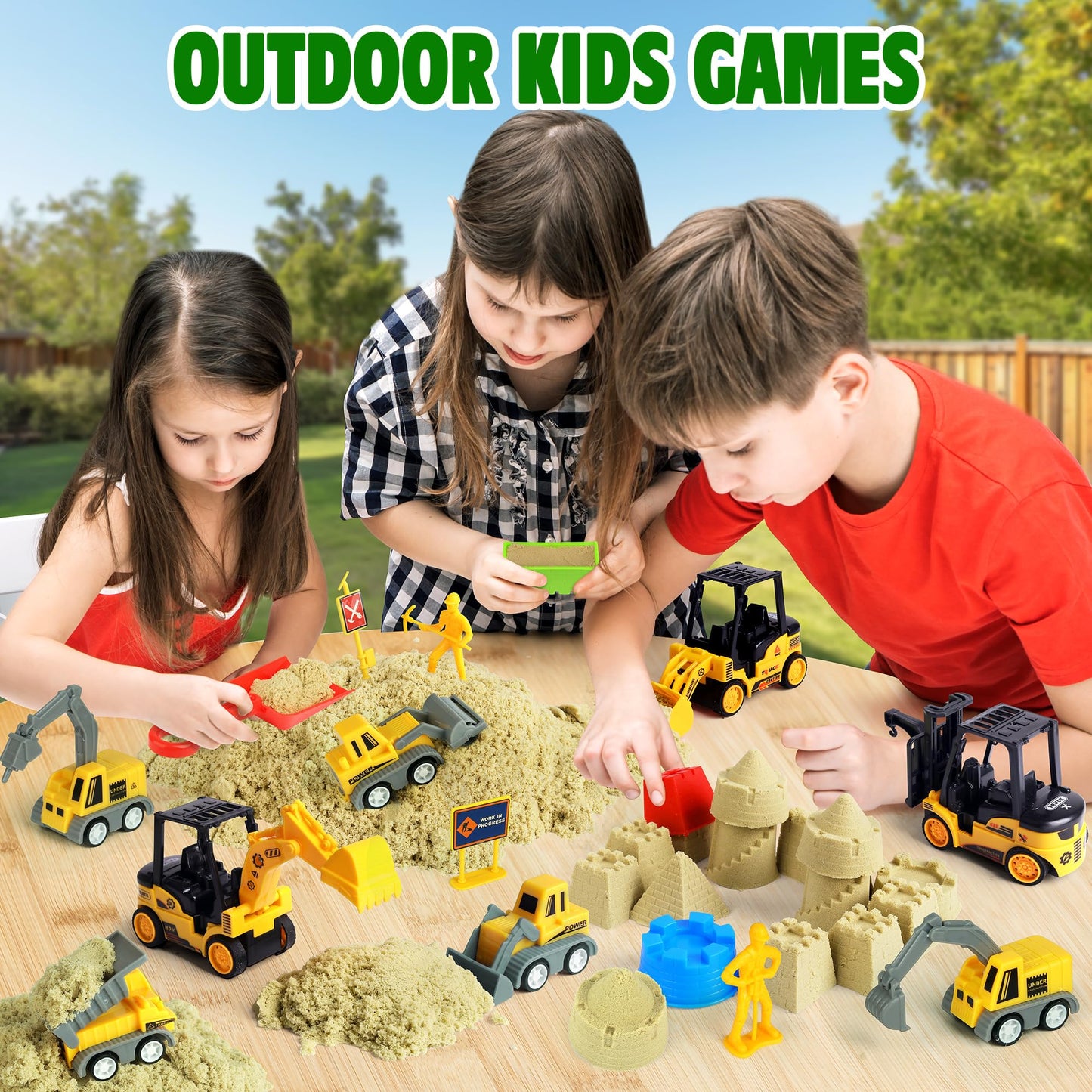 Billeeit Sand Construction Kit with Big Foldable Sandbox and 2.2lbs Moldable Sensory Play Sand, Truck Toys Including Castle Molds and Other Accessories - 36Psc Set Gifts for Kids 3+