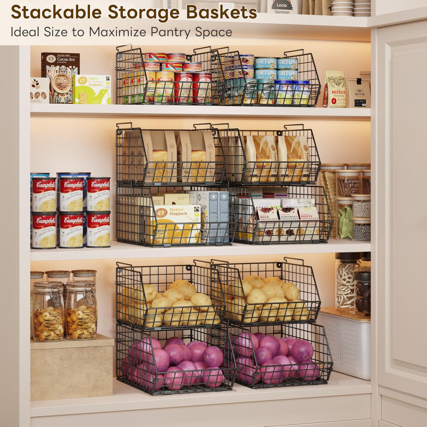 X-cosrack Stackable Wire Baskets for Counter, Fruit and Vegetable Storage, Potato and Onion Storage Bin，Kitchen Pantry Organizer - Wall Basket for Produce/Snack/Can, 3-tier Large, Black