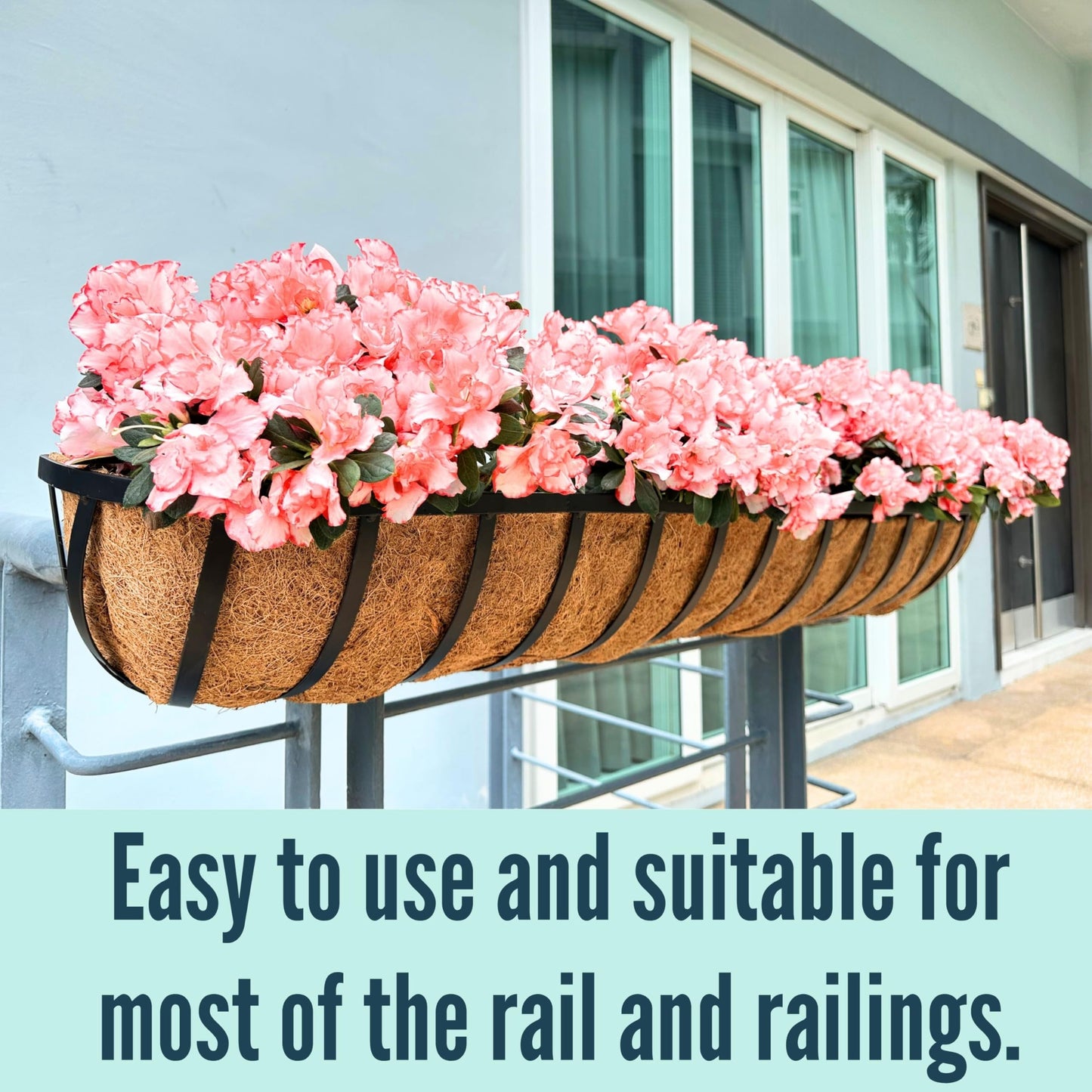 LaLaGreen Railing Planters Box (36", 2 Pack) Black Metal Rectangular Window Flower Box with Coco Liner, Extra Large Wall Hanging Planter for Outdoor Plants Deck Rail Fence Bracket Balcony Porch Garden