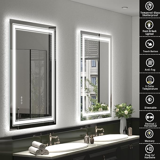40x30 Inch Lighted LED Bathroom Mirror for Wall, Lighted Vanity Mirror for Wall, Dimmable, Shatter-Proof, Anti-Fog, Front Lights + Backlit(ETL Listed)