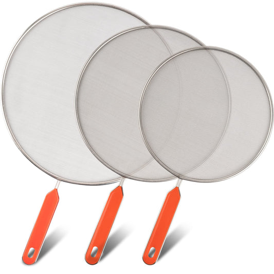 Roe & Moe Splatter Screens - Stainless Steel Splatter Screens for Frying Pan with Insulated Handles - Grease Splatter Guards For Frying Pan that Lets You Create Masterpieces with Ease (Pack of 3)