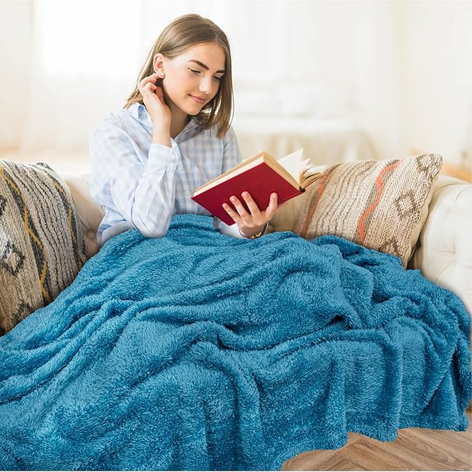 PAVILIA Sherpa Throw Blanket for Couch Sofa, Turquoise Teal Blue Fluffy Warm Plush Blanket for Twin Bed, Cozy Super Soft Lightweight Throw, Fuzzy Decorative Blanket, All Season Home, 60x80