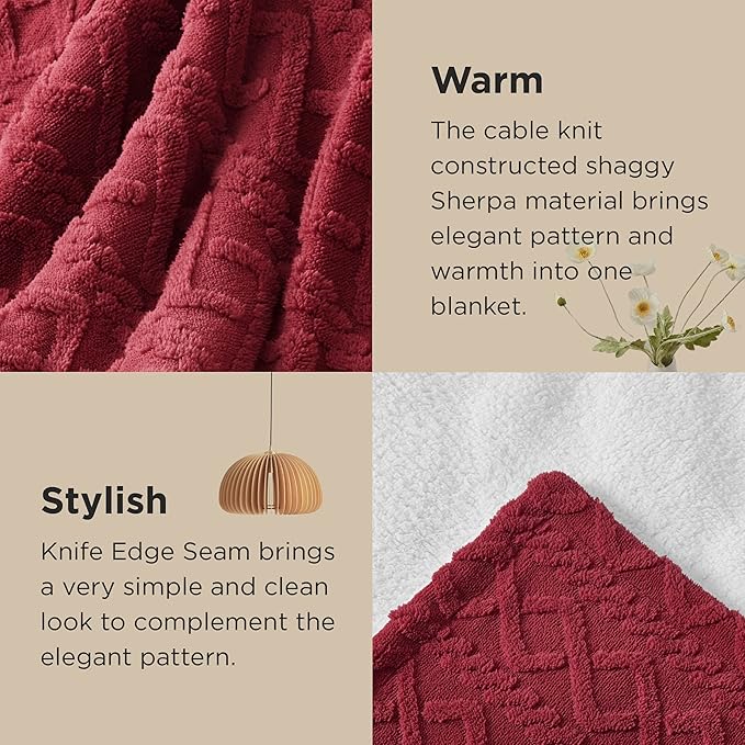 Bedsure Sherpa Fleece Throw Blanket for Couch - GentleSoft Fluffy & Cozy Cable Jacquard Tufted Throw for Women Gift, Thick and Warm Blankets for Winter, Red, 50x60 Inches