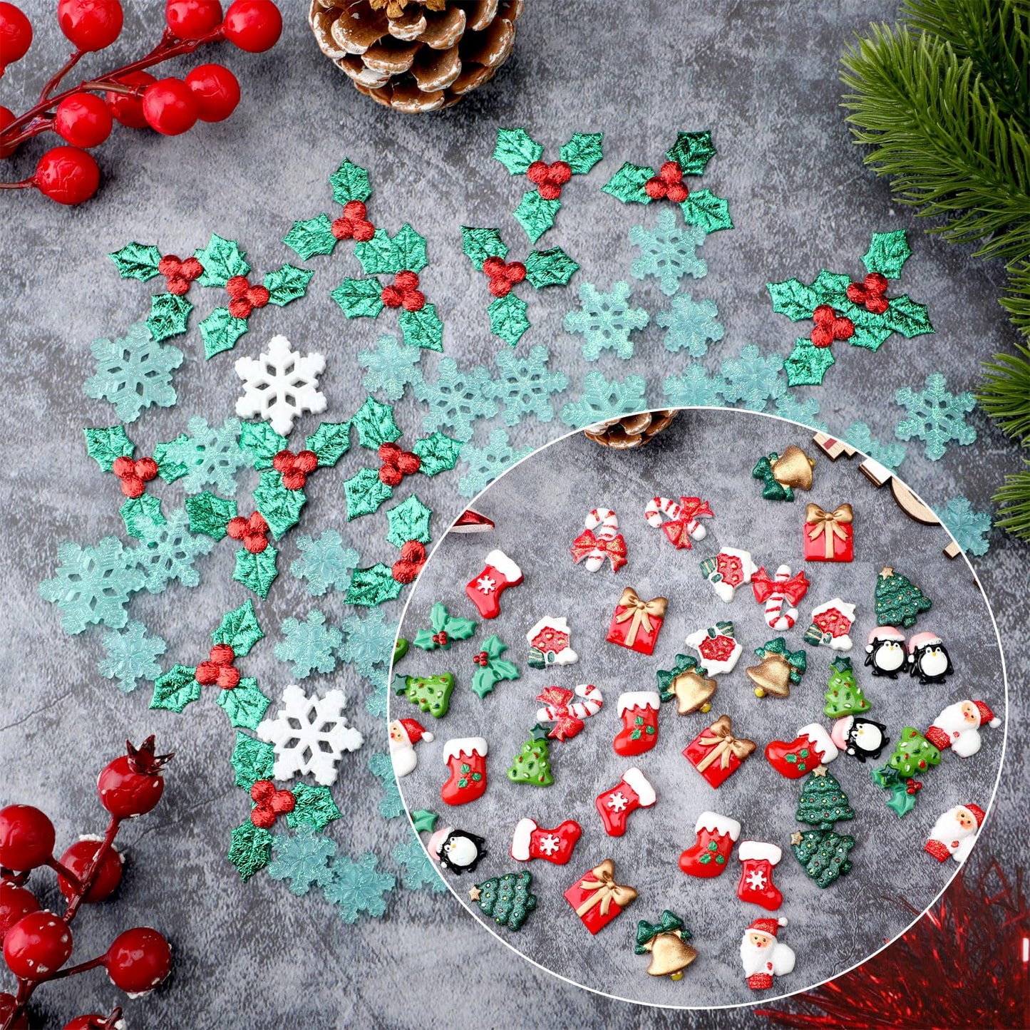 Huwena 200 Pcs Christmas Resin Flatback Charms Mini Triple Leaf Holly Berries Embellishments Small Snowflake Decorations Tiny Resin Miniatures for Xmas Tree DIY Craft Scrapbook Supplies