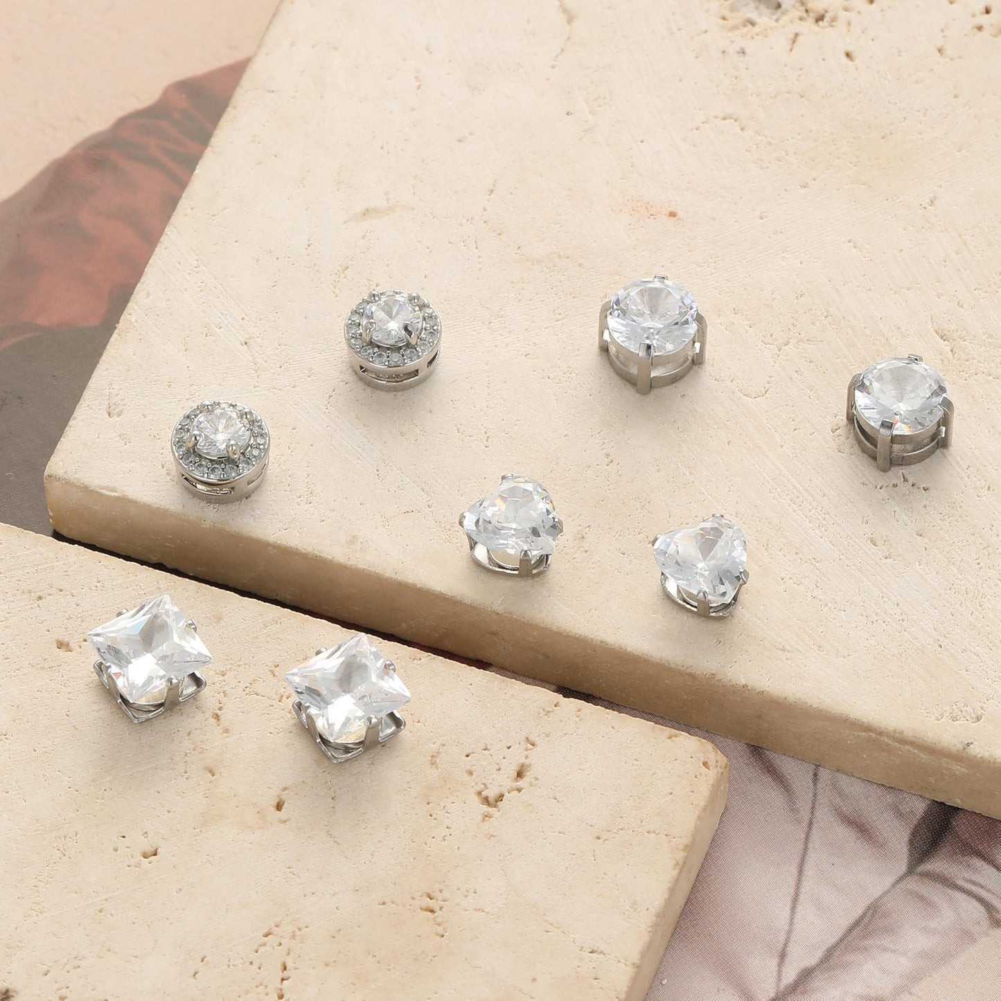 Ofeiyaa Magnetic Stud Earrings Stainless Steel Non-piercing CZ Heart Round Square Triangle Halo Earrings for Men Women Fake Clip on Stud Earring Jewelry Set for Sensitive Ears Silver Tone 6MM 8MM