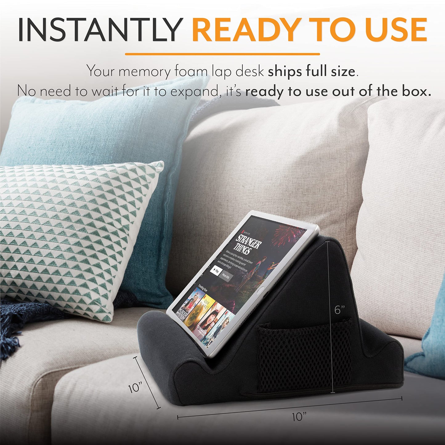 Brookstone Tablet Lap Cushion - Tablet and Phone Holder for Bed, Flights, and Travel, Two Angled Memory Foam Lap Desk for Reading and Hands Free Viewing, Compatible iPad and Kindle Accessories, Black
