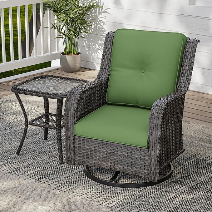 2 Pieces Outdoor Swivel Rocker Patio Chairs Set - Outdoor Wicker Patio Conversation Sets with 1 Side Table, Olefin Fabric Cushions Suitable for Backyard Deck and Porch, Green