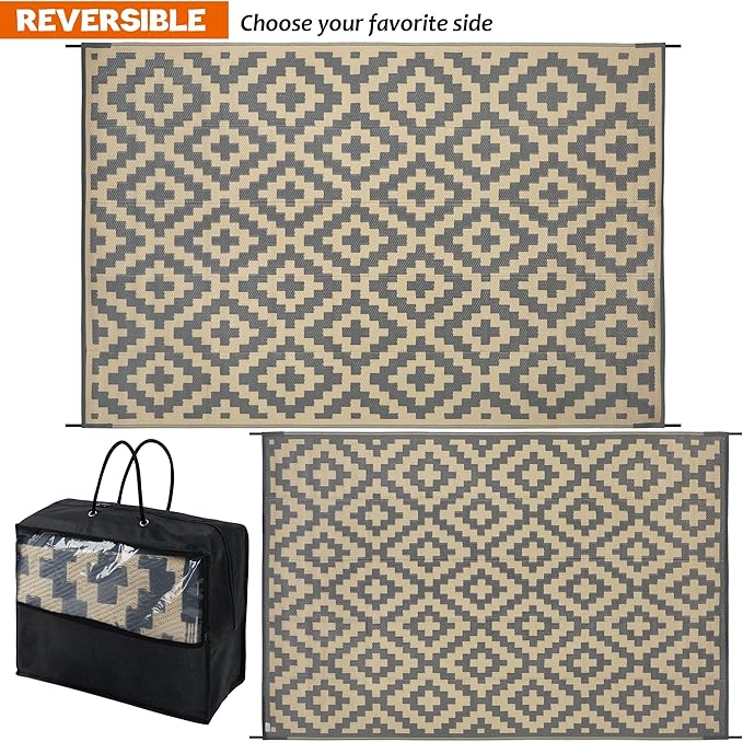 SAND MINE 6 x 9 Ft Reversible Mats, Plastic Straw Rug, Modern Area Rug, Large Floor Mat and Rug for Outdoors, RV, Patio, Backyard, Deck, Picnic, Beach, Trailer, Camping, Grey & Tan
