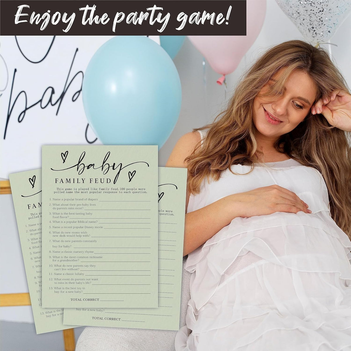 Minimalism Baby Family Feud Game - 5"X7" Moss Green Fill In Style Game Cards, Gender Reveal Party & Activity - Baby Shower Party Favors And Decorations (Pack Of 30 &1 Answer Cards)-B06