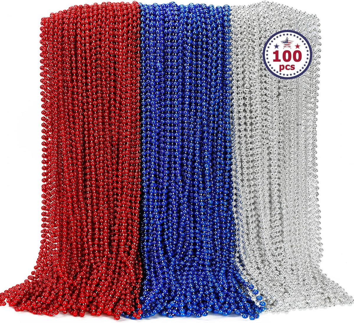 100PCS 4th of July Accessories, Veterans Day Beads Necklace Bulk, Fourth of July Red Blue Silver Necklace Party Favors, Beads for Veterans Day Patriotic Parade Party Celebration Favors Decorations
