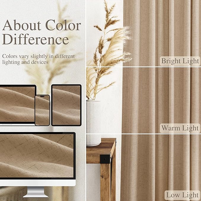 Sand Beige Linen Curtains for Living Room 126 Inches Long Simple Modern Light Filtering Semi Sheer Curtain Back Tab Rustic Home Decor Drapes Floor to Ceiling High Window for Bedroom 52x126, 2 Panels